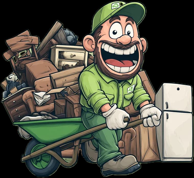 The Wight Waste mascot wheeling a barrow of junk out to the van in Ventnor