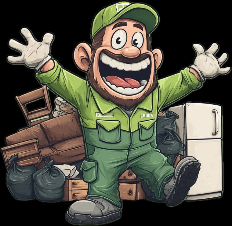 The Wight Waste mascot, arms open in front of a cleared pile of junk