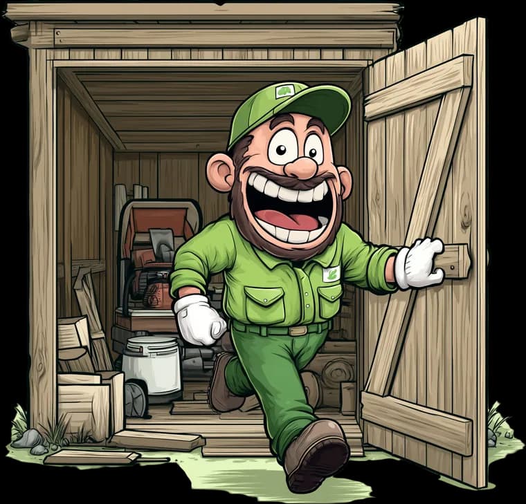 The Wight Waste mascot clearing out an old outbuilding before demolition