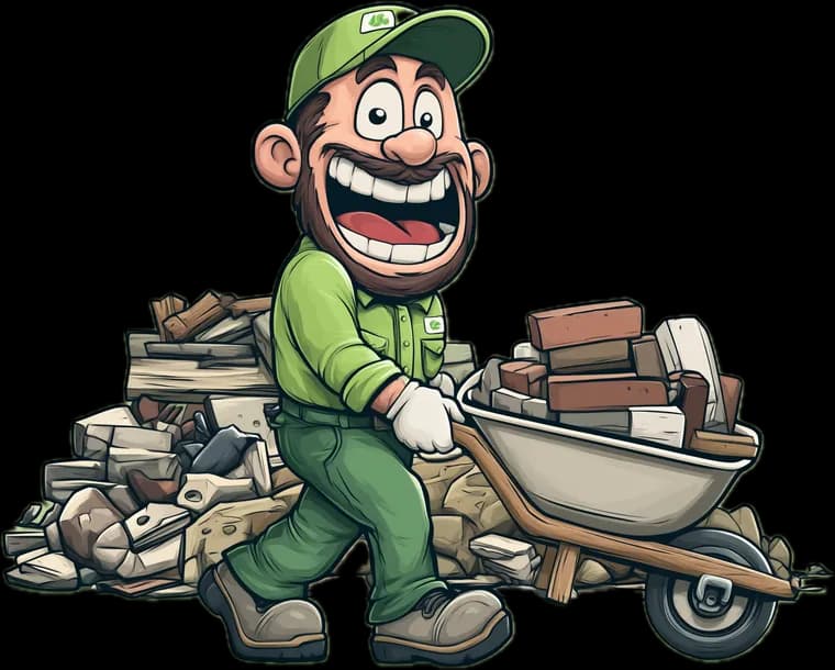 The Wight Waste mascot barrowing away broken slabs and rubble