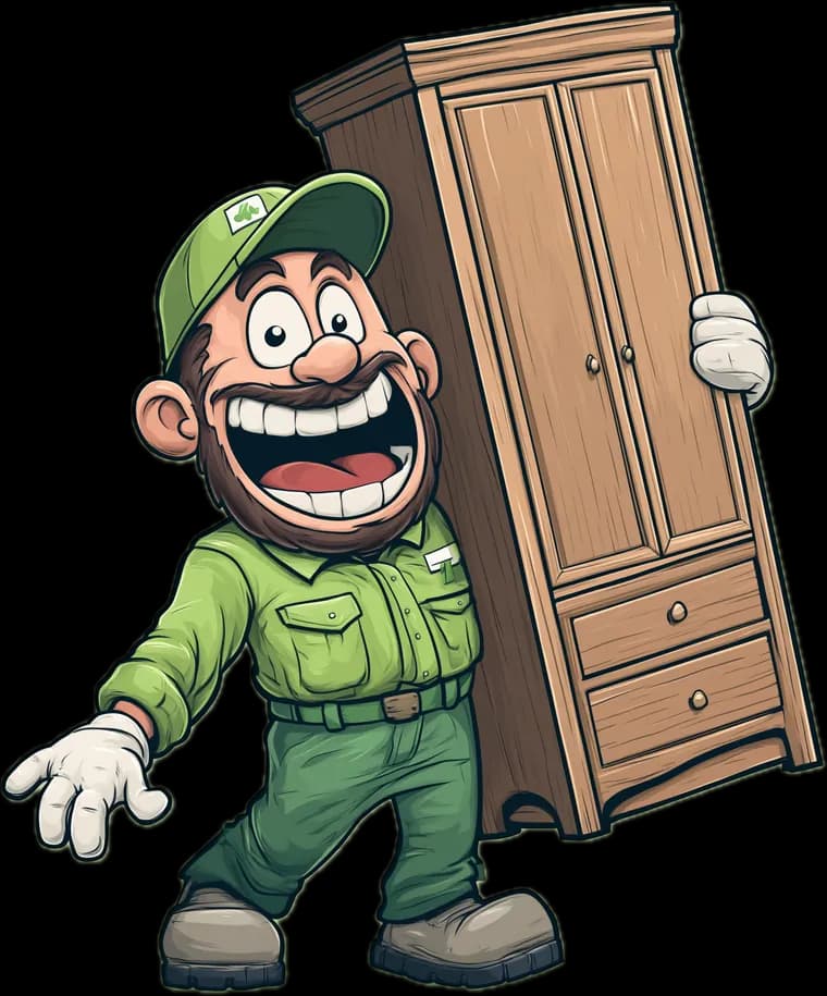 The Wight Waste mascot carrying a wardrobe out on one shoulder
